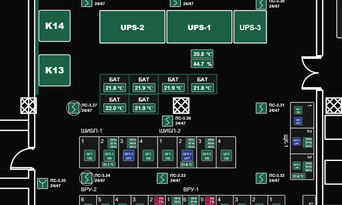 Floor plan of a data-center machine hall in a purpose-built monitoring platform — rack and engineering-equipment layout